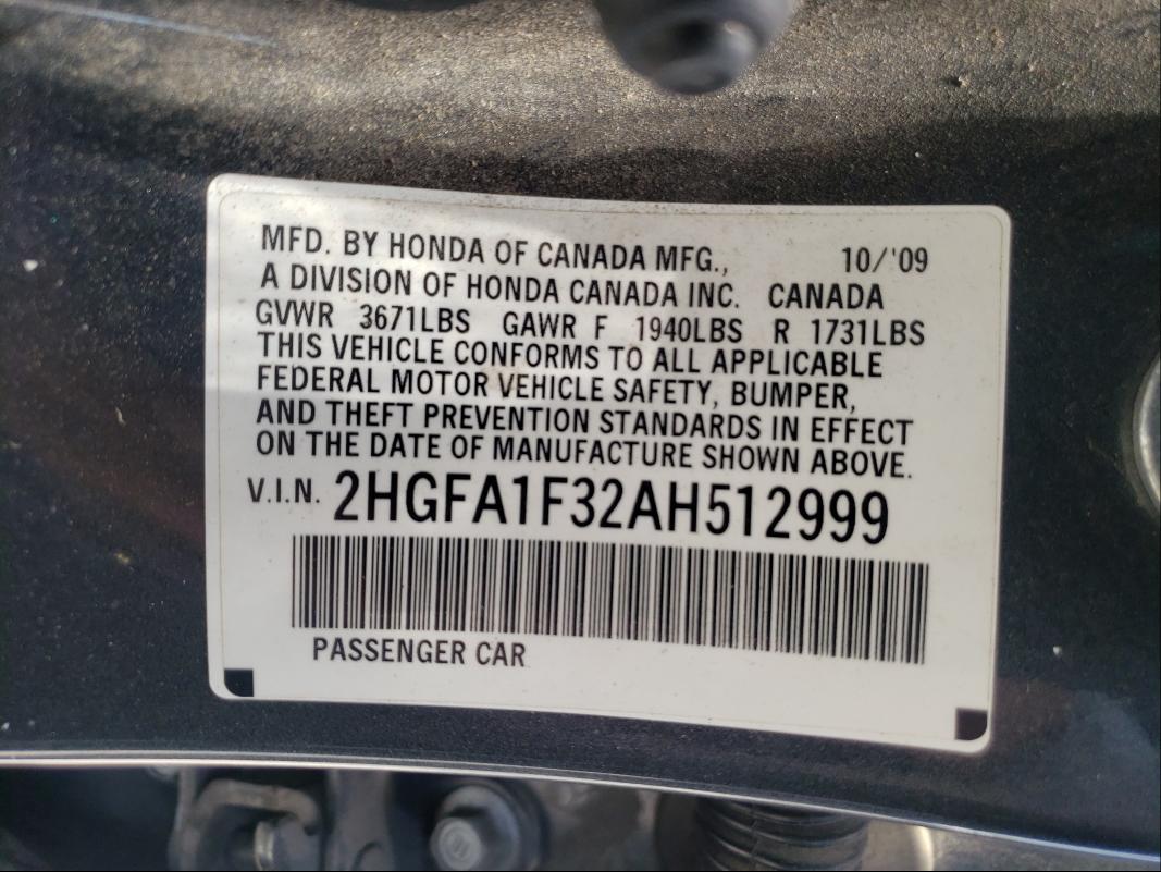 2010 HONDA CIVIC VP 2HGFA1F32AH512999