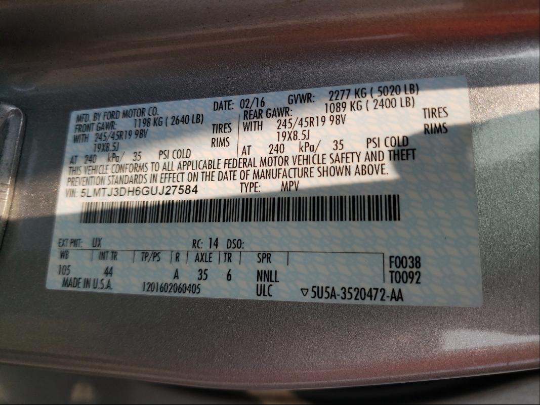 2016 LINCOLN MKC RESERV 5LMTJ3DH6GUJ27584