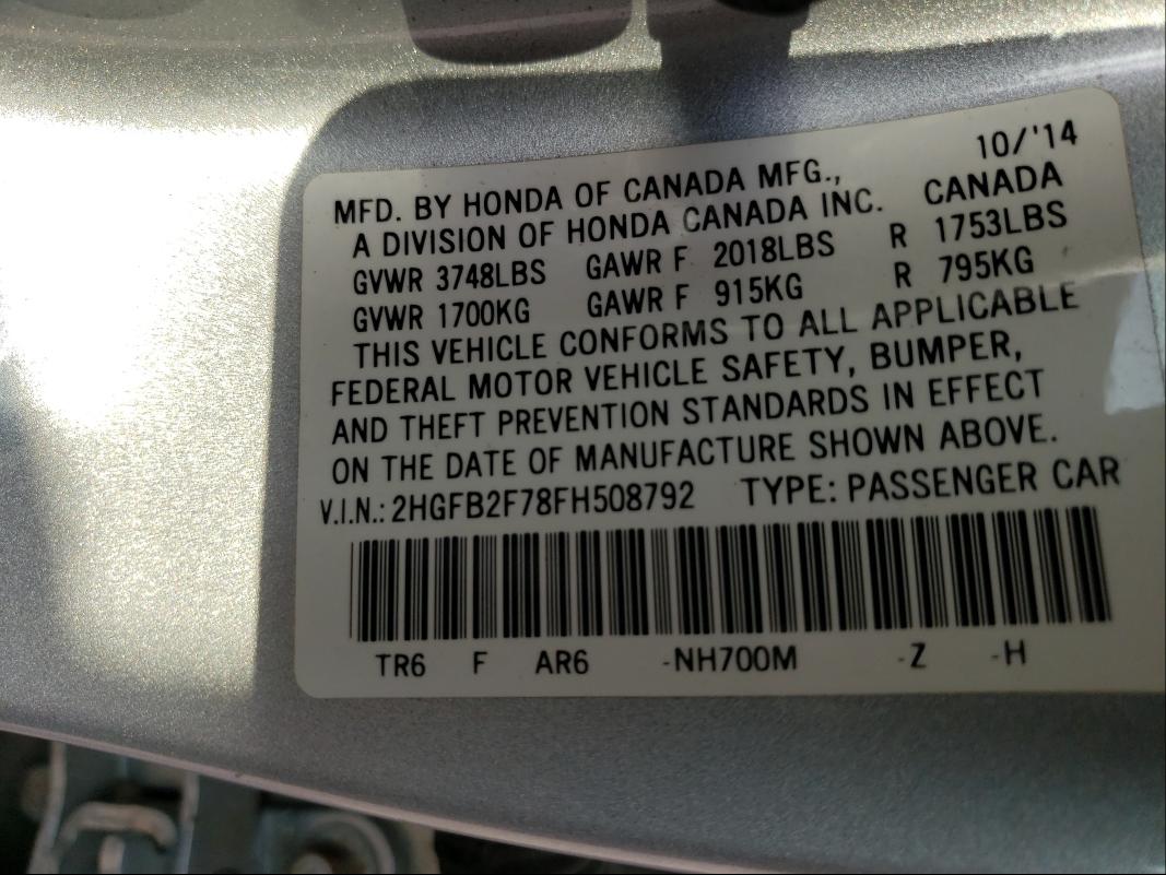 2015 HONDA CIVIC SE 2HGFB2F78FH508792