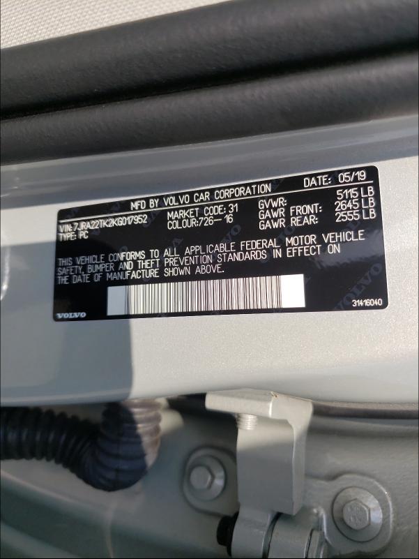 2019 VOLVO S60 T6 MOM 7JRA22TK2KG017952