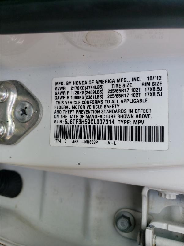 2012 HONDA CROSSTOUR 5J6TF3H59CL007314