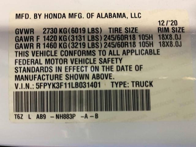 2020 HONDA RIDGELINE 5FPYK3F11LB031401