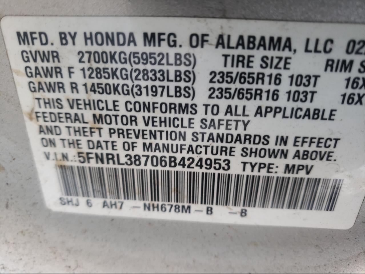 2006 Honda Odyssey Exl VIN: 5FNRL38706B424953 Lot: 61338262