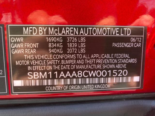 2012 MCLAREN AUTOMOTIVE MP4-12C SBM11AAA8CW001520