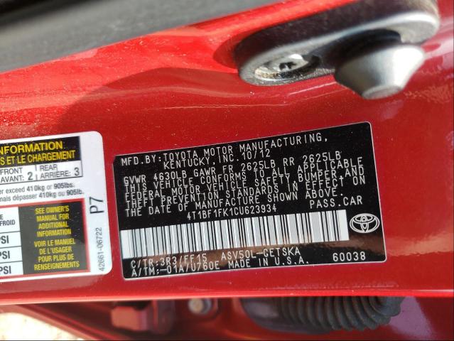 2012 TOYOTA CAMRY L/LE 4T1BF1FK1CU623934