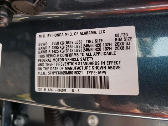 2021 HONDA PILOT ELIT 5FNYF6H05MB015321