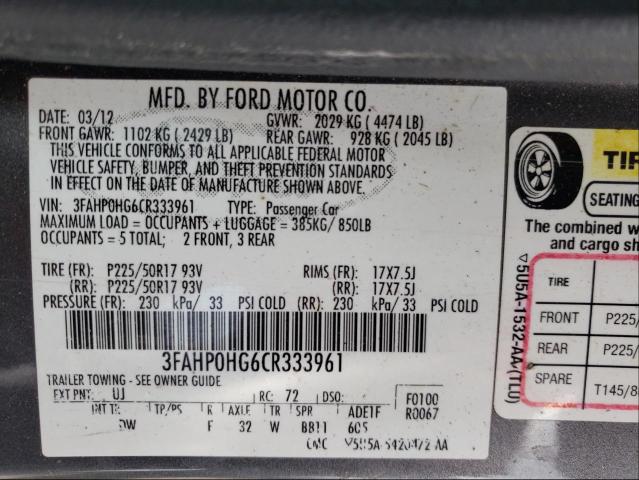 2012 FORD FUSION SE 3FAHP0HG6CR333961