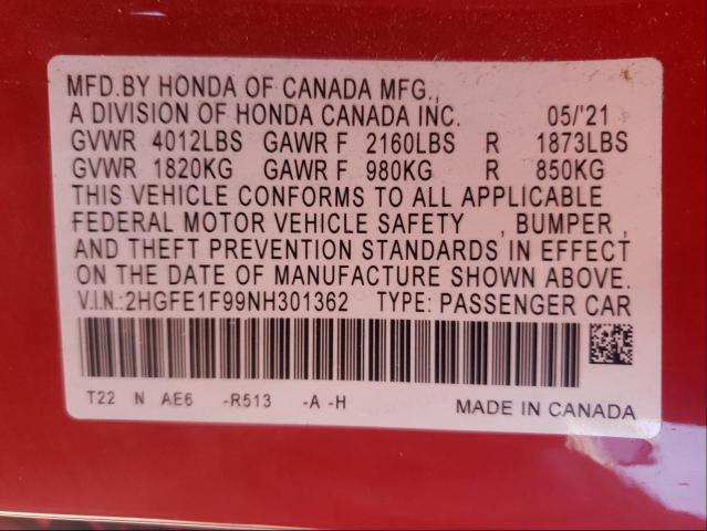 2022 HONDA CIVIC TOUR 2HGFE1F99NH301362