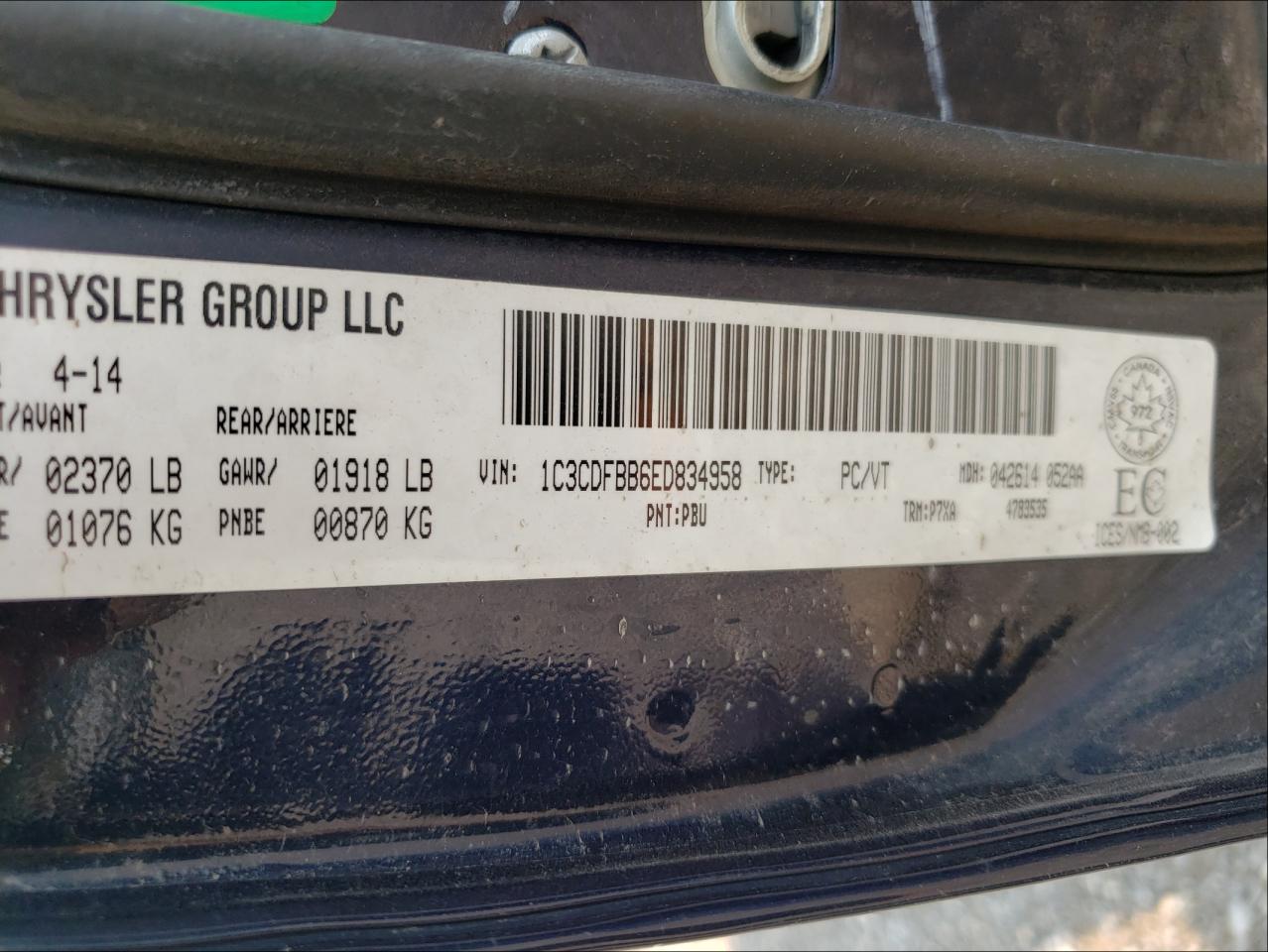 2014 Dodge Dart Sxt VIN: 1C3CDFBB6ED834958 Lot: 51724191