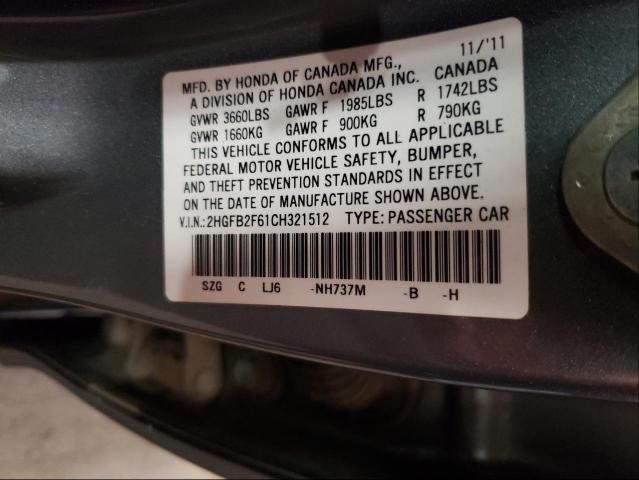 2012 HONDA CIVIC HF 2HGFB2F61CH321512