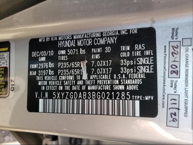 2011 HYUNDAI SANTA FE 5XYZGDAB3BG021285