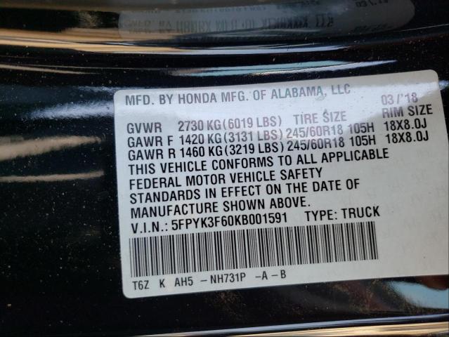 2019 HONDA RIDGELINE 5FPYK3F60KB001591