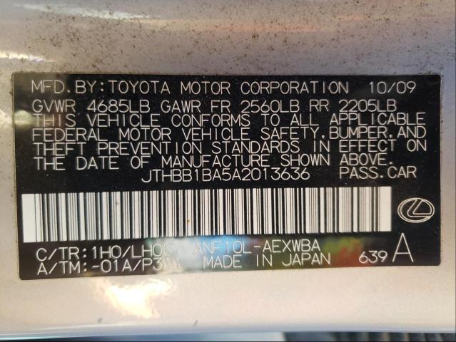 2010 LEXUS HS250H JTHBB1BA5A2013636