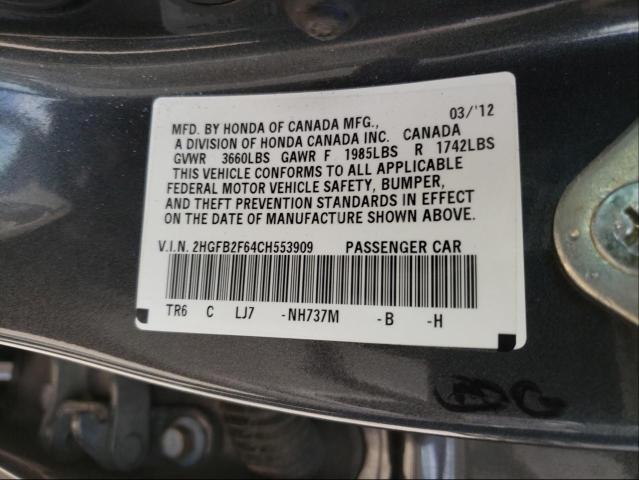 2012 HONDA CIVIC HF 2HGFB2F64CH553909