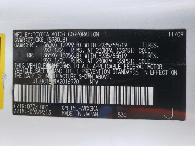 2010 LEXUS RX 450 JTJBC1BA1A2016920