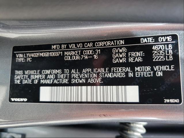 2016 VOLVO S60 PLATIN LYV402FM0GB106971