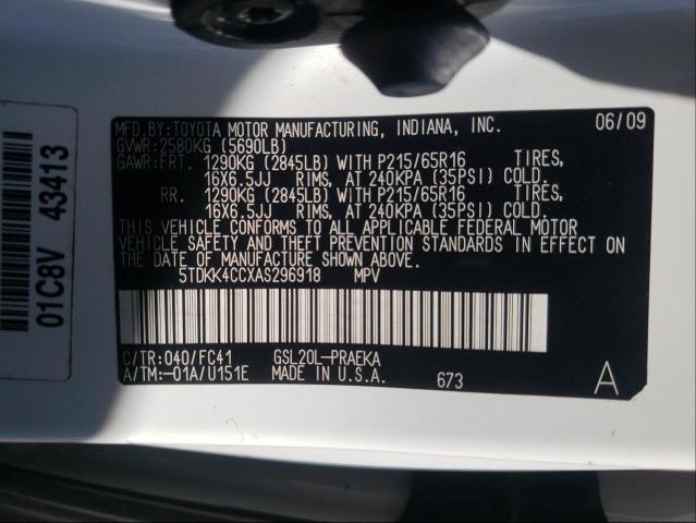 2010 TOYOTA SIENNA CE 5TDKK4CCXAS296918