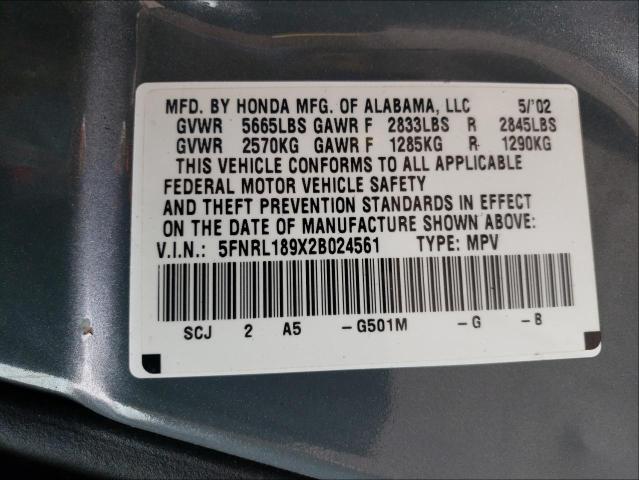 VIN: 5FNRL189X2B024561 Auction: COPART Lot: 60681712 Location: IL - WHEELING 5FNRL189X2B024561 HONDA ODYSSEY 2002 CHARCOAL Photo 10