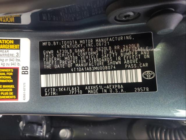 4T1DA1AB3MU008074 TOYOTA AVALON 2021