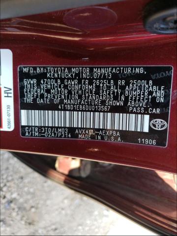 2013 TOYOTA AVALON HYB 4T1BD1EB6DU013567