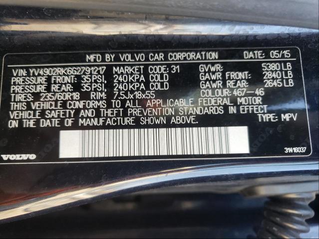 2016 VOLVO XC60 T6 PR YV4902RK6G2791217