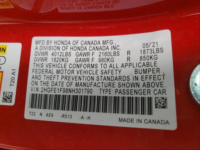 2022 HONDA CIVIC TOUR 2HGFE1F98NH301790