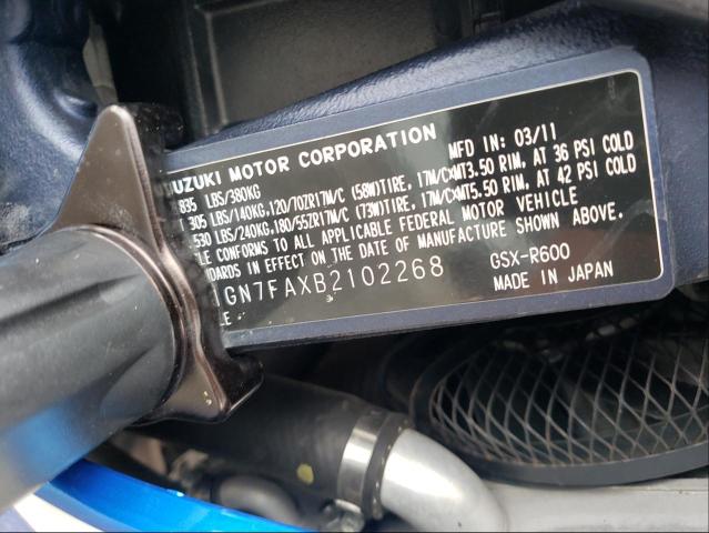 2011 SUZUKI GSX-R600 JS1GN7FAXB2102268