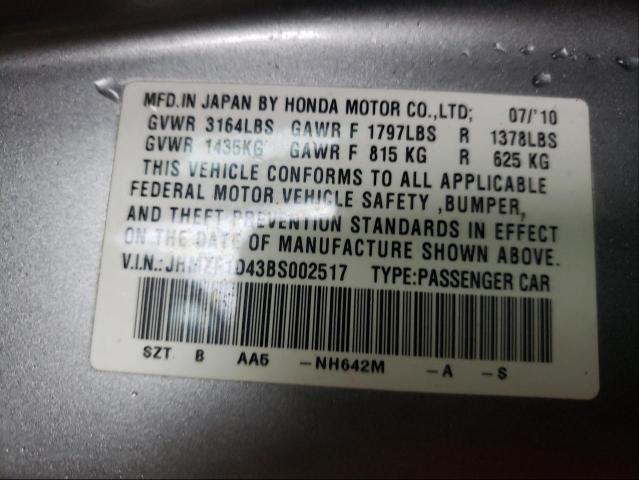 2011 HONDA CR-Z JHMZF1D43BS002517