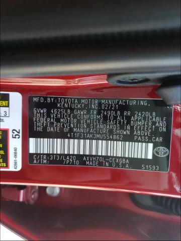 2021 TOYOTA CAMRY XLE 4T1F31AK3MU554862