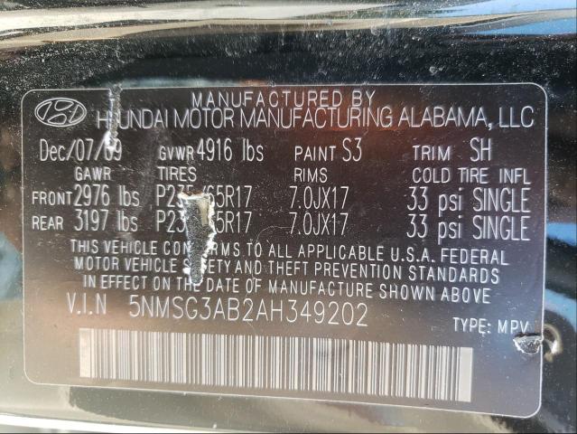 2010 HYUNDAI SANTA FE 5NMSG3AB2AH349202