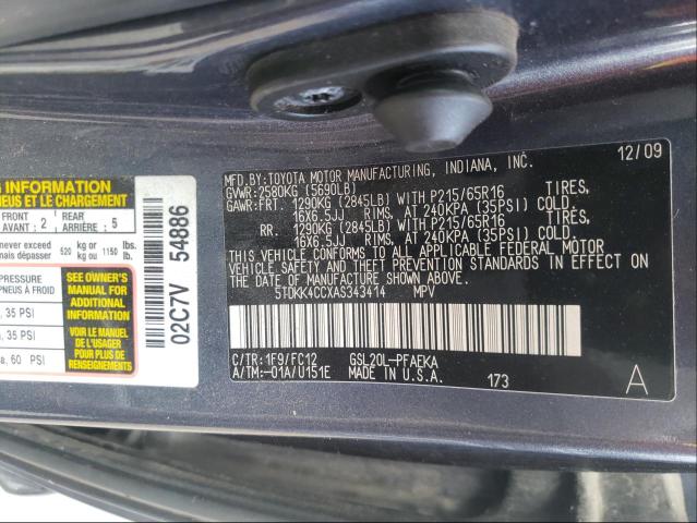 2010 TOYOTA SIENNA CE 5TDKK4CCXAS343414