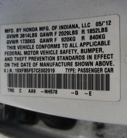 2012 HONDA CIVIC NATU 19XFB5F57CE002019