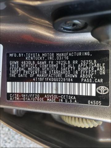 2016 TOYOTA CAMRY LE 4T1BF1FK0GU229184
