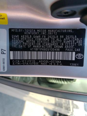 2012 TOYOTA CAMRY BASE 4T1BF1FK6CU135496