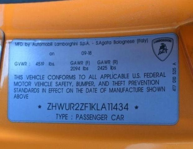 2019 LAMBORGHINI HURACAN ZHWUR2ZF1KLA11434