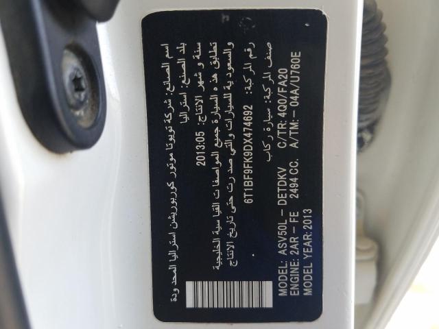 VIN: 6T1BF9FK9DX474692 Auction: COPART UAE Lot: 59229931 Location: DUBAI INDUSTRIAL CITY - DUBAI VIN: 6T1BF9FK9DX474692 TOYOTA CAMRY 2013 WHITE Photo 11