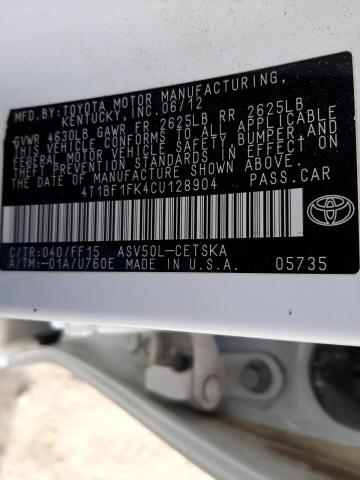 2012 TOYOTA CAMRY BASE 4T1BF1FK4CU128904