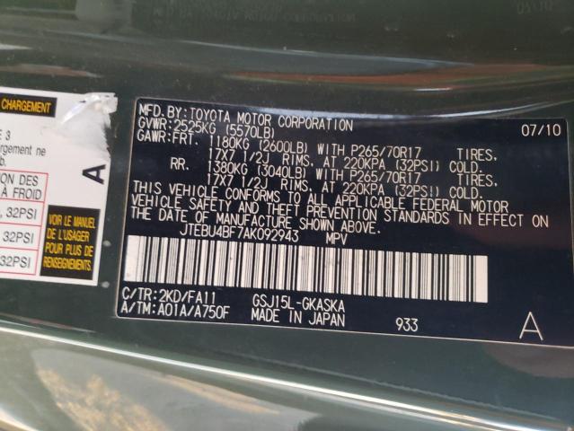 2010 TOYOTA FJ CRUISER JTEBU4BF7AK092943