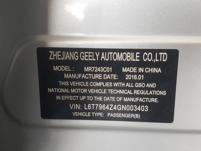 VIN: L6T7964Z4GN003403 Auction: COPART UAE Lot: 59953501 Location: DUBAI INDUSTRIAL CITY - DUBAI VIN: L6T7964Z4GN003403 GEELY EMGRAND 2016 SILVER Photo 11