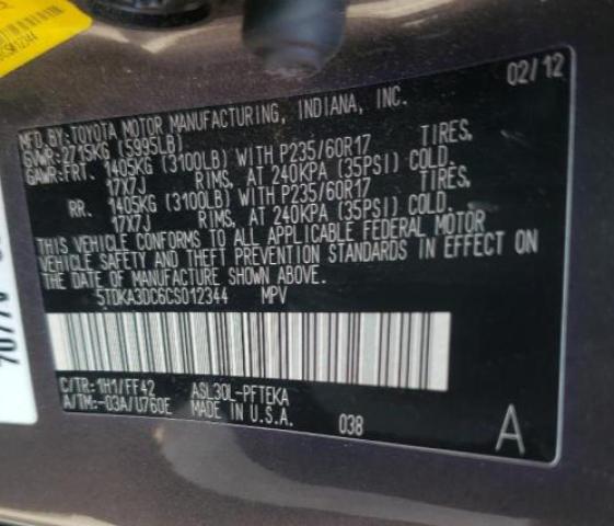 2012 TOYOTA SIENNA BAS 5TDKA3DC6CS012344