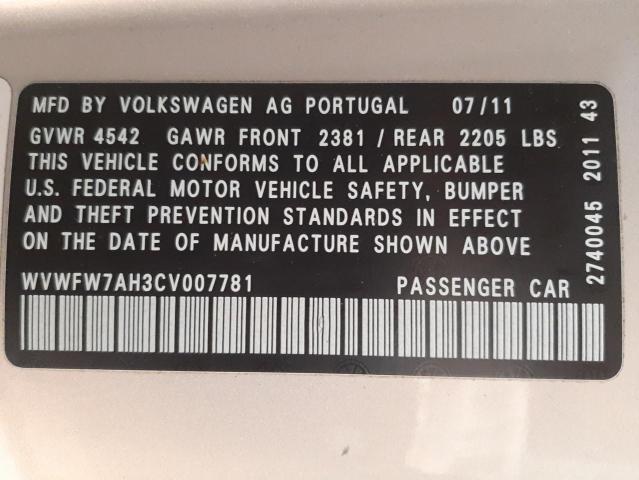 2012 VOLKSWAGEN EOS LUX WVWFW7AH3CV007781