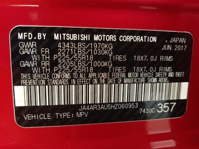 VIN: JA4AR3AU5HZ060953 Auction: COPART UAE Lot: 60664181 Location: DUBAI INDUSTRIAL CITY - DUBAI VIN: JA4AR3AU5HZ060953 MITSUBISHI OUTLANDER 2017 RED Photo 11