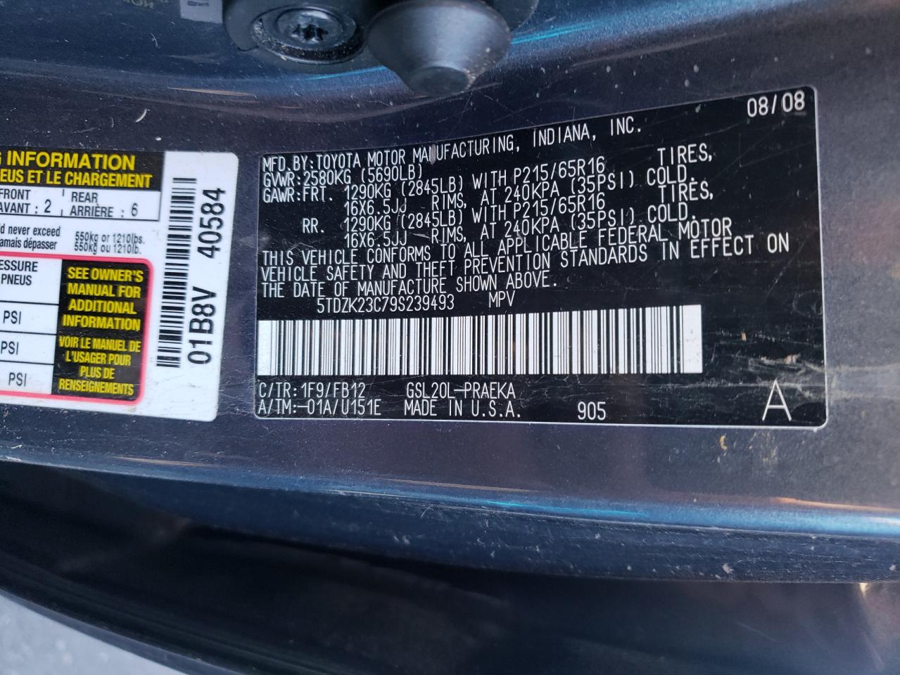 5TDZK23C79S239493 2009 Toyota Sienna Ce