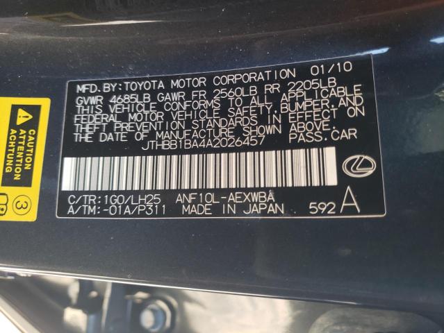 2010 LEXUS HS 250H JTHBB1BA4A2026457