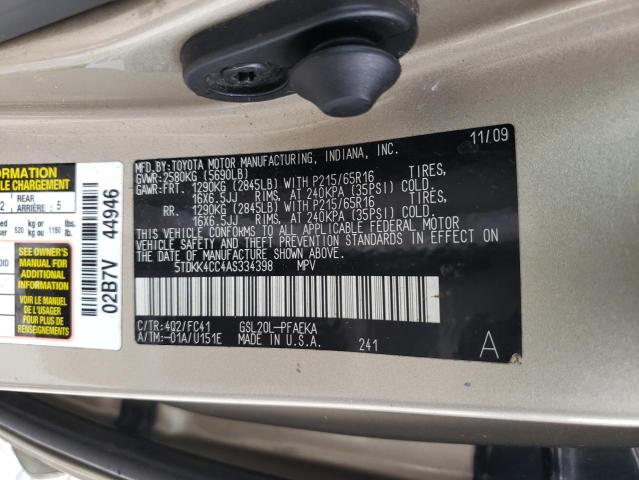2010 TOYOTA SIENNA CE 5TDKK4CC4AS334398