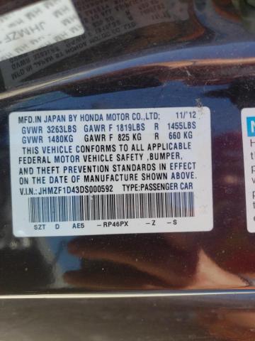 2013 HONDA CR-Z JHMZF1D43DS000592
