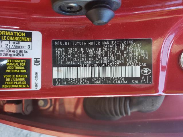 2016 TOYOTA COROLL 2T1BURHE0GC725227