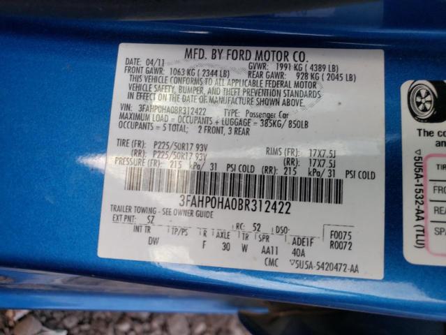 3FAHP0HA0BR312422 Ford Fusion Se 2011. Фото: 9