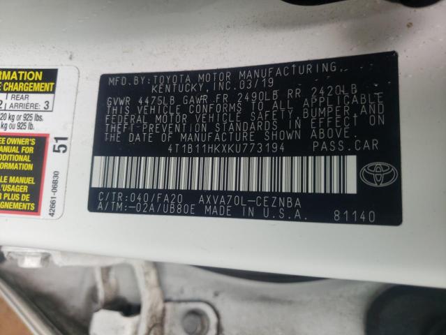 2019 TOYOTA CAMRY 4C 4T1B11HKXKU773194