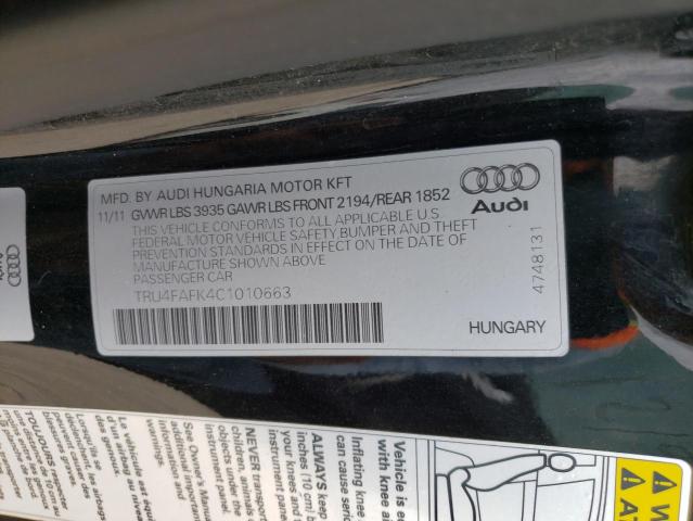 2012 AUDI TT PRESTIG TRU4FAFK4C1010663